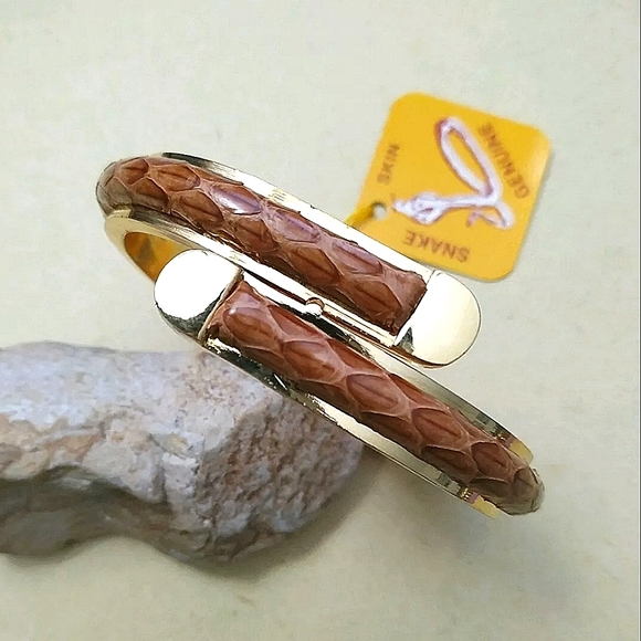 Jewelry - Vintage genuine snake skin brown leather goldtone hinged cuff bracelet Taiwan